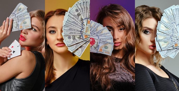 Collage of attractive females with bright make-up, in stylish dresses. Smiling, showing fans of hundred dollar bills, aces and red chip, posing against colorful backgrounds. Poker, casino. Close-up