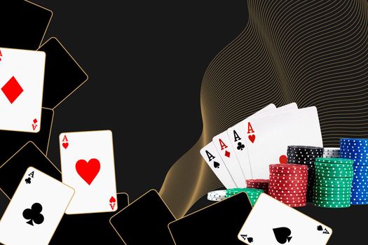 Photo of four aces and stacks of colorful chips against black background. Playing cards. Collage with copy space for your text or images. Gambling entertainment, poker, casino concept. Close-up