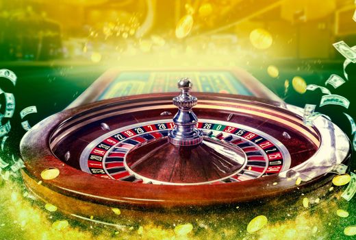 Collage of casino images with a close-up vibrant image of multicolored casino roulette table with poker chips on green background with golden sparks