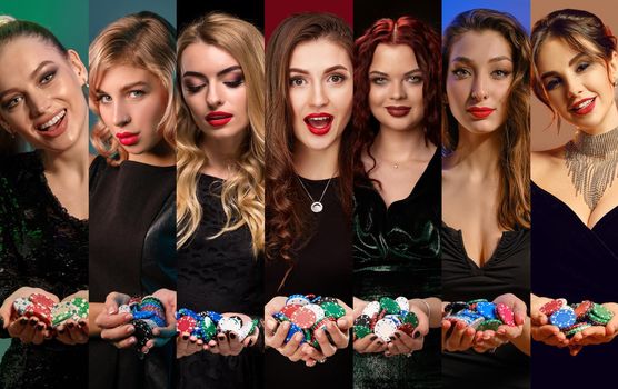 Collage of alluring ladies with make-up and hairstyles, in stylish dresses and jewelry. They smiling, showing handfuls of chips, posing on colorful backgrounds. Gambling, poker, casino. Close-up