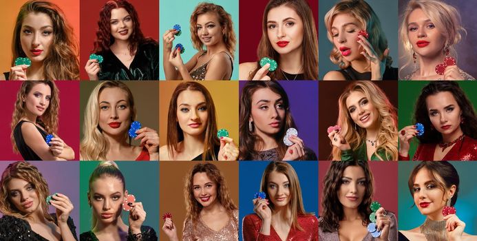 Collage of attractive girls with bright make-up and stylish hairstyles, in jewelry. They are smiling, showing playing chips, posing against colorful backgrounds. Gambling, poker, casino. Close-up