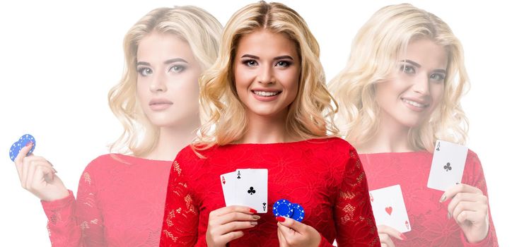 Triple image of gorgeous blonde girl with bright make-up, in red stylish dress. She is smiling, showing two playing cards and blue chips, posing isolated on white. Collage, poker, casino. Close-up