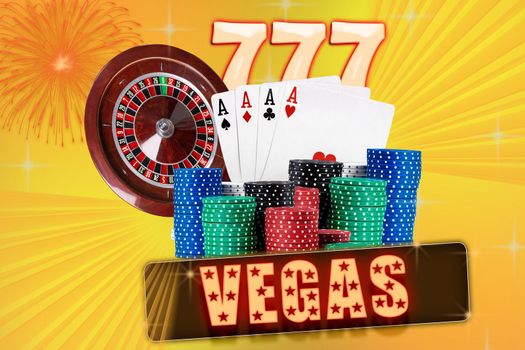 Four aces behind stacks of chips against colorful sparkling background. Three sevens and roulette are behind. Collage with inscription vegas. Gambling entertainment, casino. Close-up