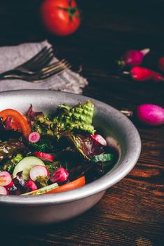 Fresh spring salad with tomato, radish, cucumber, red leaf lettuce and dill.