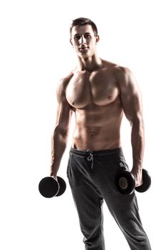 Handsome muscular man doing exercises with dumbbells isolated on white background