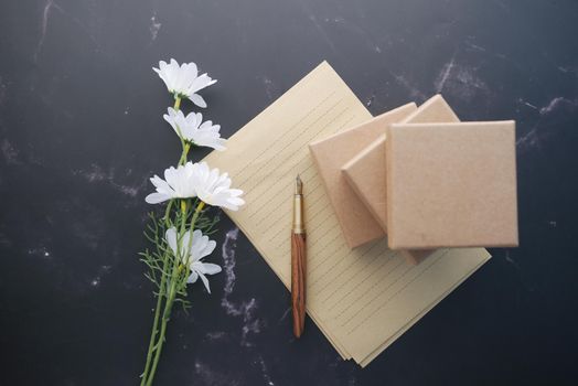 envelope , empty paper and fountain pen on table .