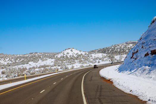 Panorama view of snowy mountain desert after the snowstorm in Arizona winter snow with of Interstate I-17