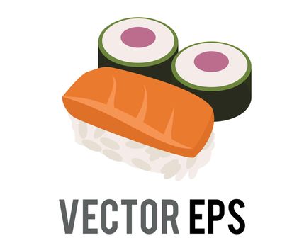 The vector Japanese sushi food icon, piece of raw pinkish orange fish, as salmon and tuna rolls