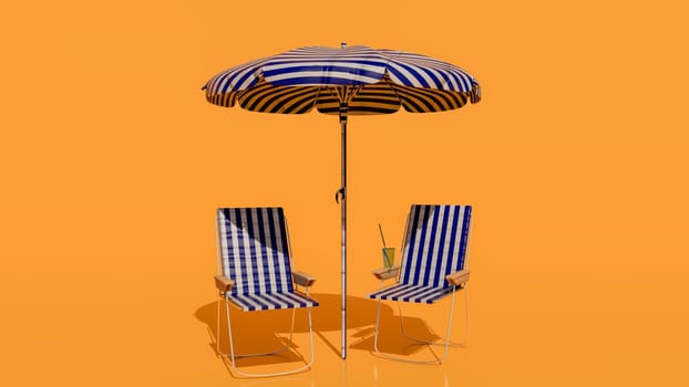 Summer vacation concept. Beach umbrella, chairs and cocktail on yellow background with copyspace. 3d illustration