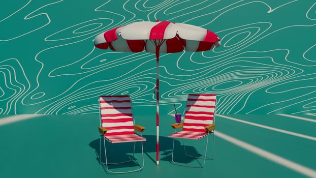 Summer vacation concept. Beach umbrella, chairs and cocktail on green background with copyspace. 3d illustration