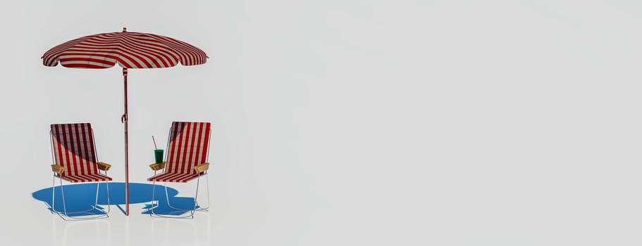 Summer vacation concept. Beach umbrella, chairs and cocktail on white background with copyspace. 3d illustration