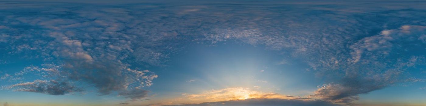 Sky panorama with Cirrus clouds in Seamless spherical equirectangular format. Full zenith for use in 3D graphics, game and editing aerial drone 360 degree panoramas for sky replacement