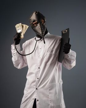 corrupt doctor in a bathrobe and a plague doctor mask with a wad of money in his hands