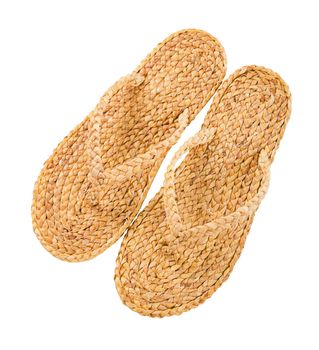 Flip flop made from Water hyacinth or Floating water hyacinth isolated on white background, Save clipping path. The Green product eco friendly concept.