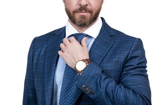 man style. success. Match your tie with suit like professional. Bearded man cropped view fix tie. Fashion accessory. Formalwear. A must-have item in your wardrobe.