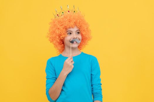 new style. funny child with party moustache. selfish teen girl in tiara. pageant. april fools day. just having fun. fancy party look. egocentric kid in clown wig and crown. imagine herself princess.