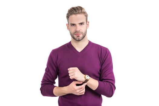 Every man needs some time for himself. Attractive man isolated on white. Luxury watch. Fashion accessory. Casual style.