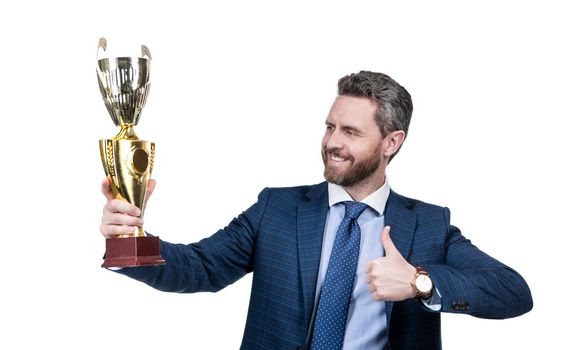 Reward for work. Happy ceo show thumbs up to golden cup. Reward and recognition. Cup winner. Business achievement award. The best you can get.