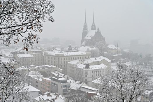 Brno city in the Czech Republic. Europe.Petrov - Cathedral of Saints Peter and Paul. Beautiful old architecture and a popular tourist destination. Landscape with snow in winter.