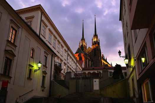 Brno city in the Czech Republic. Europe.Petrov - Cathedral of Saints Peter and Paul. Beautiful old architecture and a popular tourist destination. Landscape with snow in winter.