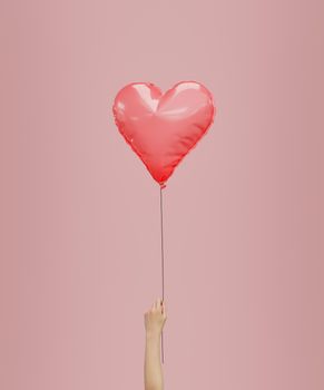 heart shaped balloon held by a hand. minimalistic scene. valentine's day concept, gift and love. 3d rendering