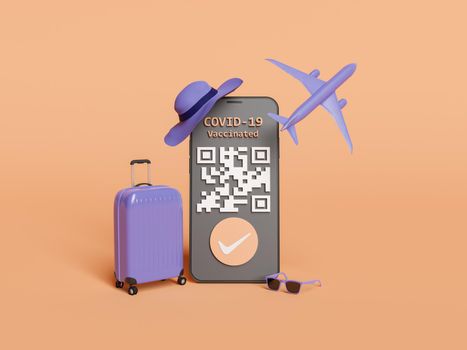 mobile phone with covid QR certificate on the screen and travel accessories around. concept of freedom, pandemic, virus and vaccination. 3d rendering