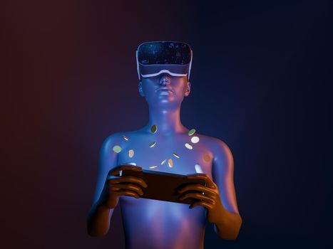 3d girl playing with mobile phone with coins around and VR goggles. neon lights. futuristic concept of metaverse, play to earn, nft and cryptocurrencies. 3d rendering