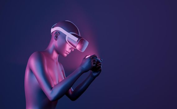 3d girl with virtual reality glasses playing with mobile phone. neon lights. futuristic concept of metaverse, play to earn, nft and cryptocurrencies. 3d rendering