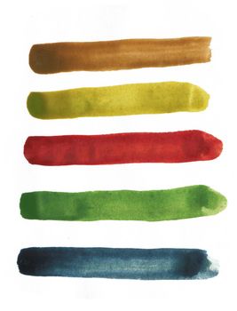 Illustration of Set of Brush Strokes and Stains of Multicolored Watercolor of Various Sizes and Shapes on White Background.