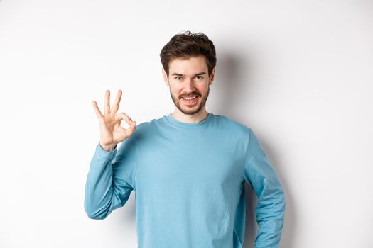 Okay. Handsome smiling man showing ok sign and looking confident, recommend or praise something good, standing over white background.