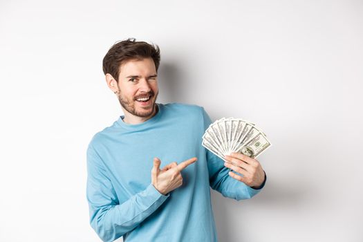 Handsome rich guy winking at camera, showing income, pointing finger at earned money and smiling, standing over white background.