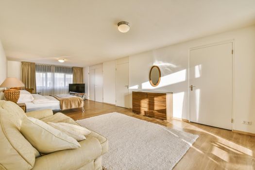 Interior of a cozy and bright bedroom with beautiful decoration
