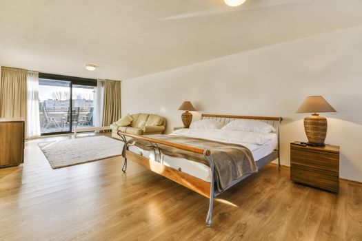 Interior of a cozy and bright bedroom with beautiful decoration