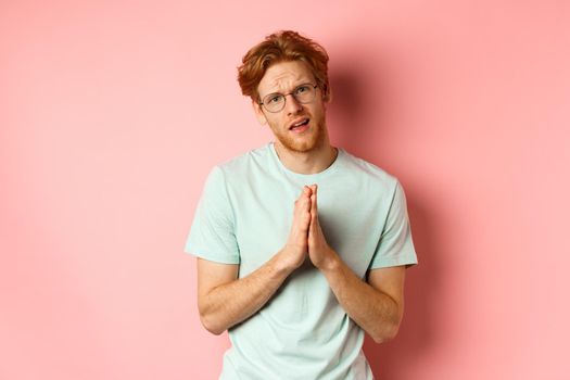 Redhead bearded guy begging for favour, holding hands in namaste gesture and asking for help, need something, standing over pink background.