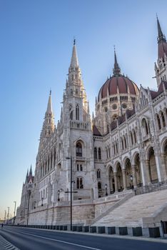 Budapest, Hungary 18.08.2021. Parliament building on the embankment of Budapest, Hungary, on a sunny summer morning