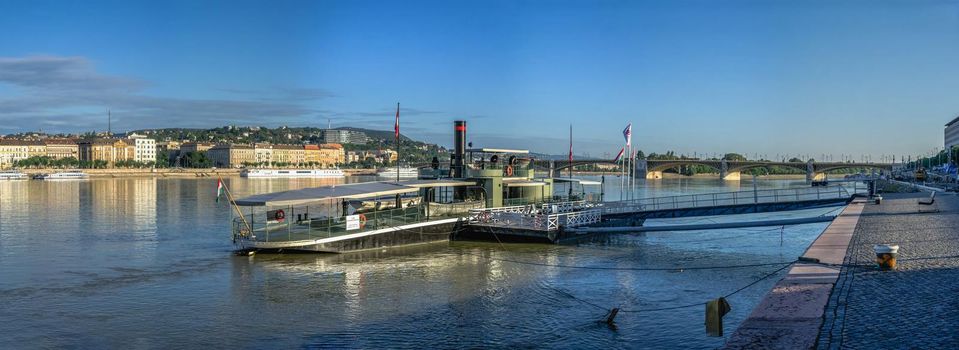 Budapest, Hungary 18.08.2021. Lajta Monitor museum on the banks of the Danube river on a sunny summer morning