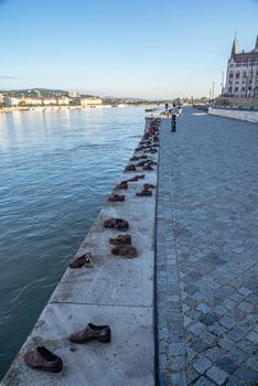 Budapest, Hungary 18.08.2021. Shoes on the Danube bank memorial on the embankment of Budapest, Hungary, on a summer morning