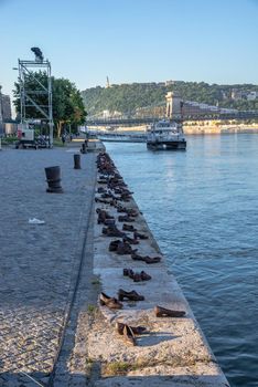 Budapest, Hungary 18.08.2021. Shoes on the Danube bank memorial on the embankment of Budapest, Hungary, on a summer morning