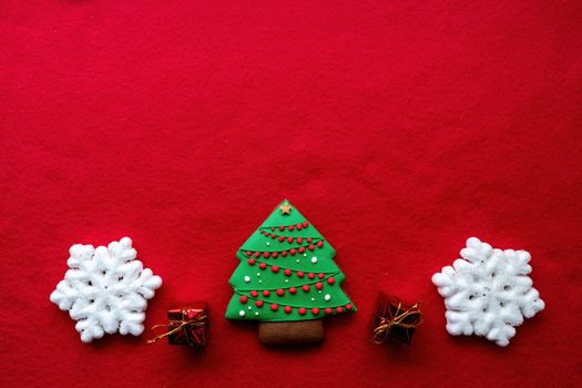 Christmas decorations layout or flatlay with fir branches and cones on red background.Eco natural frame. winter, new year Holidays concept as top view, copyspace. greeting card template.