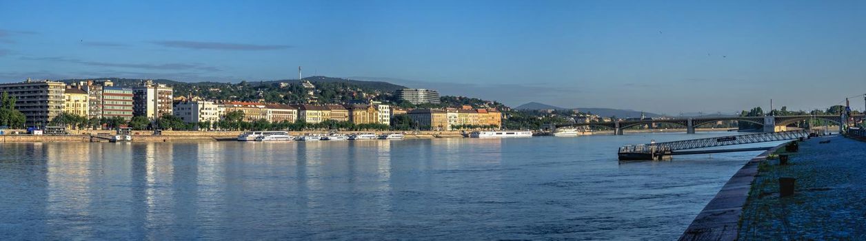 Budapest, Hungary 18.08.2021. Panoramic view of the Danube river and the embankment of Buda on a sunny summer morning