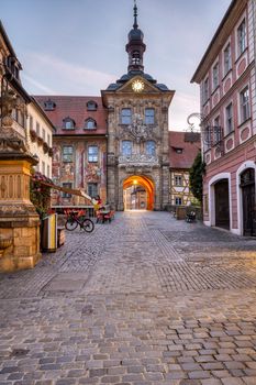 The old town of Bamberg in Bavaria with the famous historic town hall at dawn