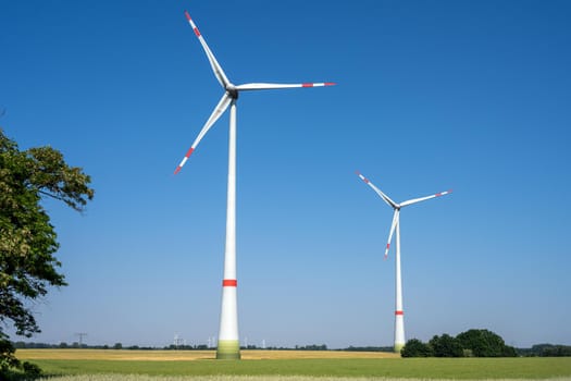 Wind turbines in a rural landscape seen in Germany