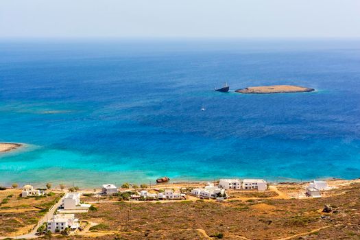 Diakofti port at the Greek island of Kythira. The shipwreck of the Russian boat Norland is in a distance.