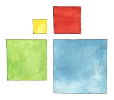 Set of Watercolor Square Isolated on White Background. Geometric Shapes of Different Sizes. Hand Drawn Abstract Stylish Watercolor Yellow, Red, Green and Blue Squares.