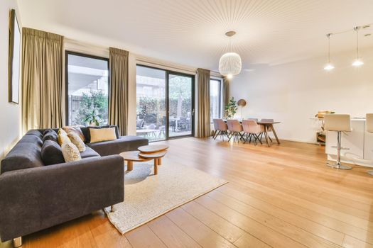 Superb living room with large dark sofa and beige rug