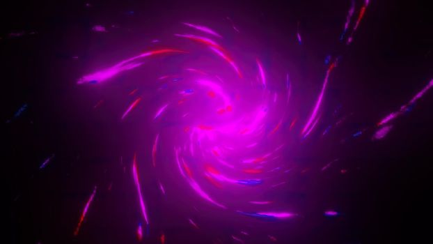 Neon 3d render spiral moving in space. Futuristic whirlpool in dark sky. Magical bright powerful flash that bends space. Digital luminous twirl rotating graphic elements.