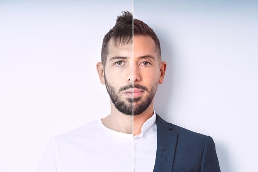 Young man before and after visiting barbershop. New haircut or hairstyle. Male beauty transformation. High quality photo