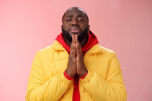 Miserable cute african-american bearded man in yellow coat asking help begging press palms supplicating apologizing please help, standing pink background sad need advice lending money.