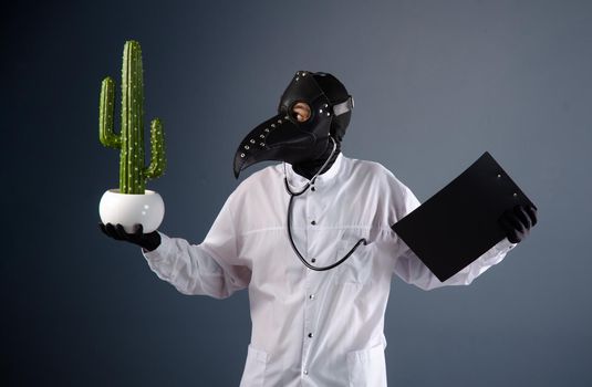 doctor in a dressing gown, wearing a plague doctor mask with a cactus in his hands