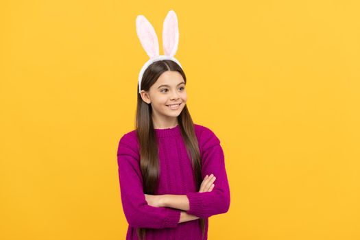 happy teen kid in bunny ears, easter bunny hunt.